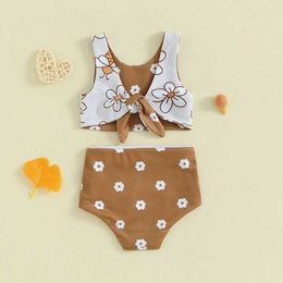 Tvådelar Småbarn Baby Girl Two Piece Swimsuit Bikini Set ärmlöst blommigt tryck Tankini baddräkt strand badkläder H240508