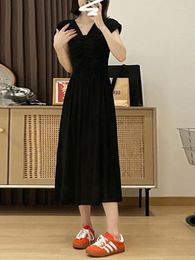 Casual Dresses Summer Solid Color Slim Women Dress Simple Basic Black Chiffon V-neck Female Chily Sweet Elegant Lady Woman