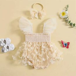 Girl's Dresses Baby womens jumpsuit butterfly decoration fly sleeve pleated mesh skirt hem jumpsuit baby tight fitting clothes with headbandL240508