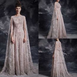 Modest Krikor Jabotian Jewel Long Sleeve A Line Evening With Wrap Sequins Lace Applique Formal Dresses Sweep Train Party Gown 0508