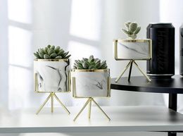 Set of 3pcs Marbling White Ceramic Flower Pots with Iron Stand Desktop Planters Home Garden Decoration with Gold Detailing Y2007231104295