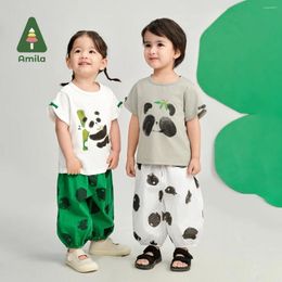 Clothing Sets Amila 2024 Summer Boys & Girls Panda Print Short Sleeve Polka Dot Medium Pants Cute And Fun Two-Piece Set