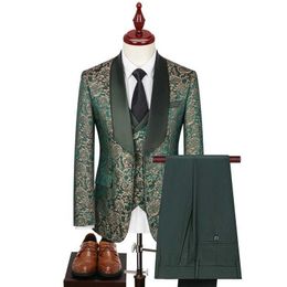 Men's Suits Blazers Lansboter green mens 3-piece set with printed collar suitable for weddings banquets work business tailcoat sets jackets pants Q240507
