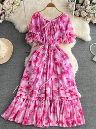 Casual Dresses Women French Elegant Print Chiffon Party Vacation Dress Summer Round Neck High Waist Slim A-line Lotus Dyed Robe Vestidos