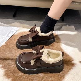 Casual Shoes Womens Derby Round Toe Autumn Female Sneakers Modis Clogs Platform Loafers With Fur Bow-Knot Leather Fall Winter Co