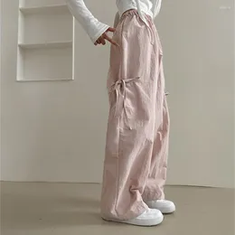 Women's Pants Women Pink Wide Leg Drawstring High Waist Loose Pocket Overalls Casual 2024 Spring Summer Y2K Cargo Pant Baggy Trousers