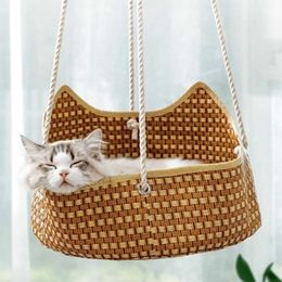 Cat Beds Furniture Hanging Cat Perch Wood Natural Rattan and Bamboo Summer Cat Swing Hammock (16 x 9 inches Yellow for Cool Indoor Cats) d240508