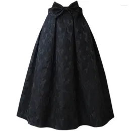 Skirts High-waisted Jacquard Hepburn-style Long Skirt Women Casual Faldas Midi Mujer Moda Black