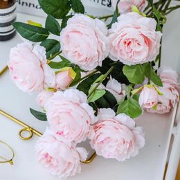 Decorative Flowers Pink Artificial 3 Heads Silk Peony Bouquet Tea Rose Fake Plant For DIY Living Room Home Garden Wedding Desktop Decor