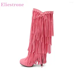 Boots Sweet Pink Black Women Knee High Tassel Fashion 4 Inch Heel Lady Shoes Plus Small Big Size 10 32 43