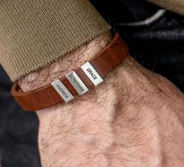 Personalised Custom Letter Bracelet Brown Leather Beads Bracelet Fathers Day Gift Kids Name Coordinates Stainless Steel Bracele6067618