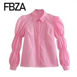 Women's Blouses FBZA Women Fashion 2024 Spring Lapel Fit Single-breasted Puff Long Sleeve Button Up Pink Shirts Chic Ladies Tops Mujer