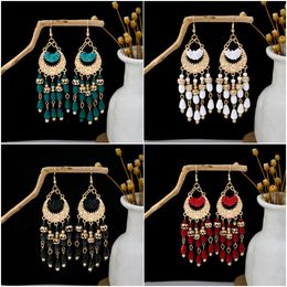 Charm Ethnic Feng Shui Drop Earrings Bohemian Style Rice Beads Tassels Long Earrings Moonlight shaped Earrings