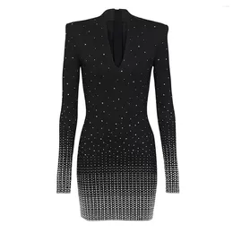 Casual Dresses Spot 2024 European And American Spring Autumn High Quality Diamond Knitted V-neck Slim Long Sleeve Dress Women