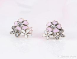 NEW Pink enamel flowers Stud Earring Original Box for 925 Sterling Silver Women's Earring Set Jewelry accessories5590796