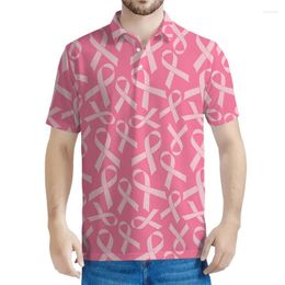 Men's Polos Breast Cancer Awareness Graphic Polo Shirt Women 3d Printed Pink Ribbon Tee Shirts Casual Button T-shirt Lapel Short Sleeves