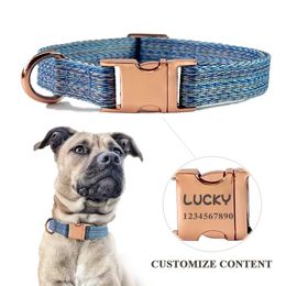 Customised Dog collars Free Engraved Nameplate Adjustable Linen Collar Rope Leash Set Durable Personalised Pet ID Tag 240508