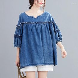 Women's Blouses Cotton Denim Soft Ruffled Short-sleeved Blouse Female Summer Korean Version Of The Loose Big Yards Casual Pullover Shirt
