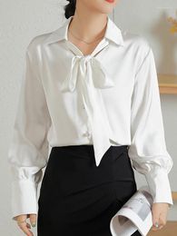 Women's Blouses QOERLIN Women Bow Tie Neck Casual Tops Long Sleeve Button Shirts S-XL Bussiness Single-Breasted White Office Wear