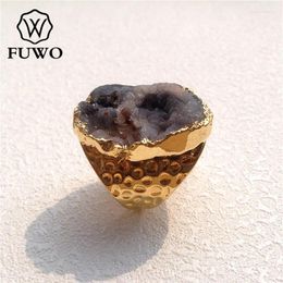 Cluster Rings FUWO Wholesale Natural Galaxy Druzy Golden Plated Solar Agates Irregular Shape Stone Jewellery Resizable 5Pcs/Lot RG007