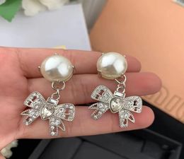 Girls Sweet Pearl Crystal Pendant Stud Earrings M Brand Shining Bowknot Cute Ear Rings Jewellery for Wedding Box Packing5641805