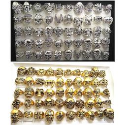 Whole Bulk Lot 50pcs Silver Gold Gothic Skull Rings for Men Women Punk Style Biker Ring Jewellery brand new264V7519930