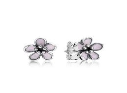 Cute Women's 925 Sterling Silver Pink Enamel Cherry blossoms Stud Earring Original box for Silver Jewellery Best Christmas Gift1485790