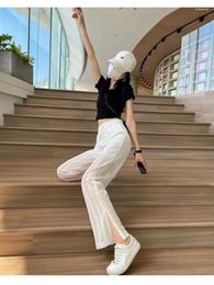 Women's Pants Ice Silk Split Wide Leg Mesh Loose Solid Drawstring Casual Straight Tube Air Conditioning Thin Style