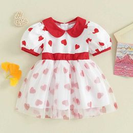 Girl's Dresses Baby Girl Valentines Day Short Sleeve Dress Doll Collar Heart Print Tulle Dress Cute Girls Casual A-Line Dress H240508