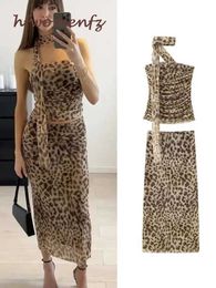 Two Piece Dress Sexy Leopard Printed Midi Skirt Sets Womens 2-piece Set 2024 Summer Pipe Top Womens 2-piece Set Y240508