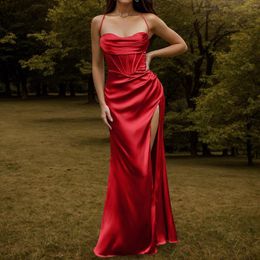 Casual Dresses Women Sexy Solid Satin Sheath Dress Lady Spaghetti Strap Backless Floor-Length Side Slit Wedding Evening Party