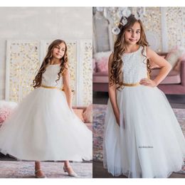 Lovely Ball Gown Flower Girl Jewel Neck Sleeveless Tulle Lace Pearls Ruched Wedding Dress Ankle Length Girl's Birthday Part 0508