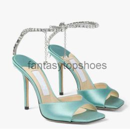 JC Jimmynessity Choo Sandal Shoes for Women Designer High Heel Saeda Sandals Sexy Heels Crystal Chain Ankle Strap Satin Leather Square Open Toe Lady Wedding Part N276