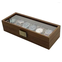 Watch Boxes Walnut Wood Box With Lid For 6pcs Retro Watches Display Organizer 6 Slot Wooden Storage Case Black