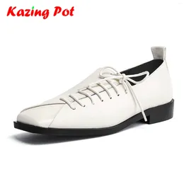 Casual Shoes Krazing Pot Cow Skin Square Toe Women Spring Autumn Modern Street Wear Low Heels Cross-tied British School Loafers Beauty Pumps