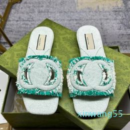 Light Blue Denim Slides Designer Women Slide Casual Flat Shoes Sandals With Embroidered Mules Weaving Luxury Sandale Summer Beach Leather Sole