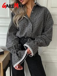 Women's Blouses Elegant Long Flared Sleeve Cotton Shirt For Women 2024 Spring Casual Grey Top With Hearts Vintage Oversize Female