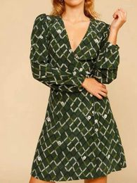 Casual Dresses Early Autumn Plaid Floral Embroidery Green Wrap V-neck Long-sleeved Mini Dress