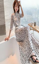 Two Piece Dress Summer Dot Print Set Outfits Women Ruffles Button Shirts White Tops Pleats Wide Leg Pants Suits Chiffon 2 Pieces2531929