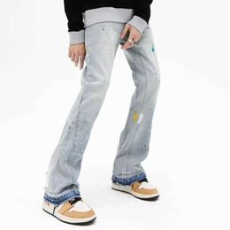 ns 2023 New Fashion Splash Ink Graffiti Vintage Baggy Men Flare Jeans Pants Elegant Washed Blue Hip Hop Denim Trousers Ropa Hombre J240507