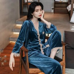 Women's Sleepwear Autumn Winter Women Lace Pyjama Sets Nightwear Velvet Pijamas Suit Casual Button Top With Pants Fashion Homewear Two Piece