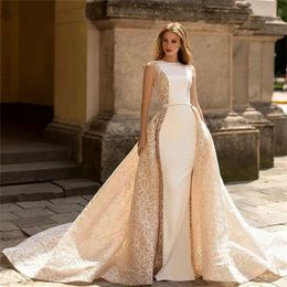 White Mermaid Wedding Dresses With Detachable Champagne Train Appliques Lace Bridal Gowns Ruched Satin Jewel Sleeveless Vestidos De Novia