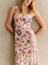 Casual Dresses Women Colourful Floral Printed Sling Midi Dress Summer 2024 Ladies Square Collar Sleeveless Silk Strapless Robe