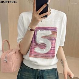 Women's Sweaters 2024 Summer Sequins Sweater Women Knit Pullover T-shirts Short Sleeve O-neck Tees Tops Casual Fashion Loose Stylish Jumpers