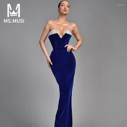 Casual Dresses MSMUSI 2024 Fashion Women Sexy Strapless Diamond Crystal Bandage Sleeveless Backless Bodycon Party Club Maxi Dress Long Gown