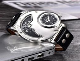 Wristwatches Oulm 9591 Dual Time Zone Casual Men039s Watches Drop Whole Male Quartz Watch Fashion PU Silver Case Men Wristw2169703