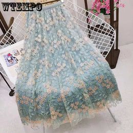 Skirts WTEMPO Spring/Summer Embroidered Flower Net Long Skirt for Womens New Fashion Elastic High Waist Casual Green A-line sheer dressL2405