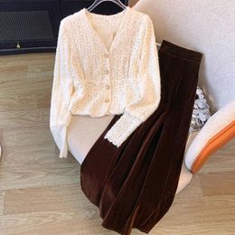 Work Dresses Casual Two-piece Set For Women V Neck Hollow Out Tops And Brown Velvet Skirt Female Spring Autumn Large Size Loose Matching
