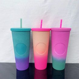 Plastic Gradient Straw Shiny Tumblers 24oz Classic Double Layers Travel Drinkware Cold Water Cups Drink Bottle Ice Sipper Mugs Coffee Summer Drinking Ware Thermos