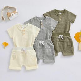 Clothing Sets FOCUSNORM 0-12M 2pcs Casual Baby Boys Summer Clothes Short Sleeve Button Up Waffle Romper And Shorts